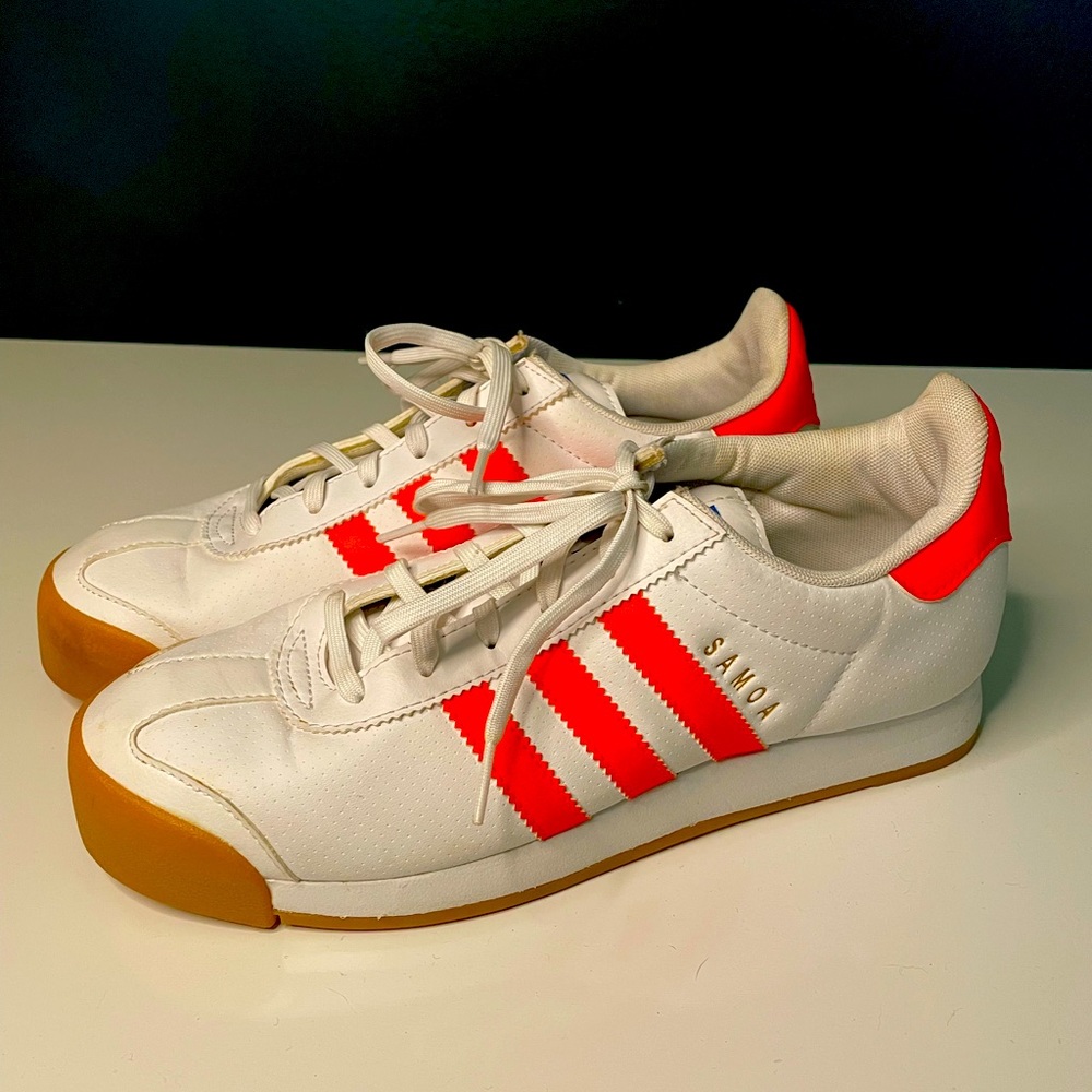 Adidas Samoa in white, nubuck, and bright vermillion